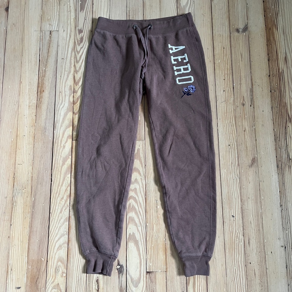 Aeropostale Jogger Sweatpants Womens XS Brown Aero Floral Logo Fleece Cuffs y2k